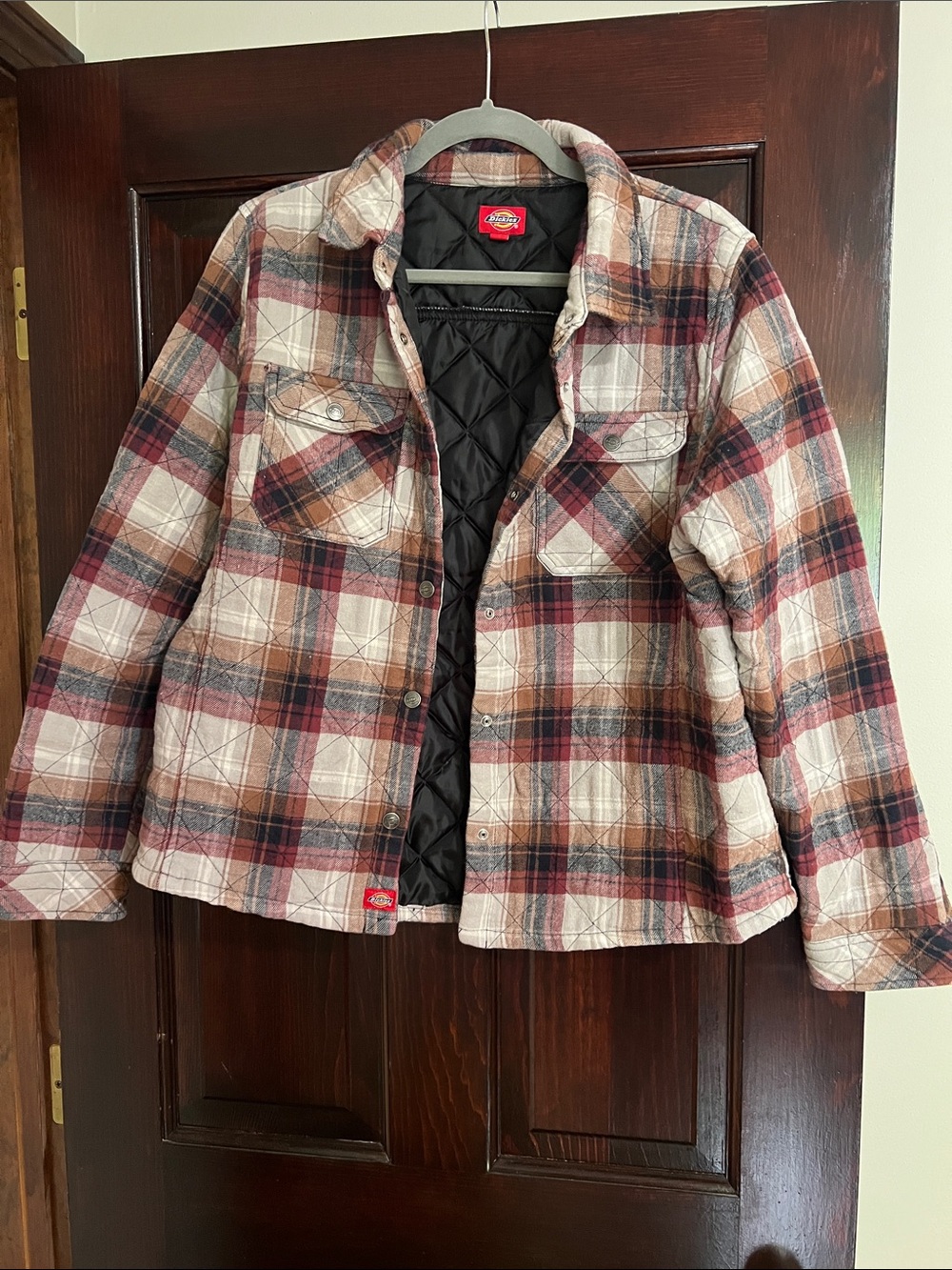 Dickies Quilted Plaid Utility Shacket Jacket - Red, Brown, Cream